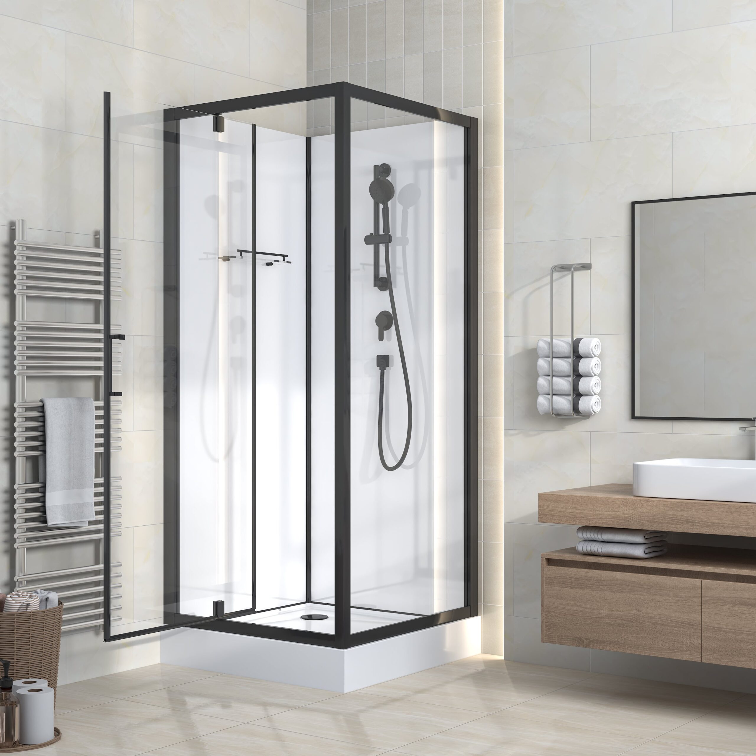 540031955501_a.jpg RIMO COMPLETE SHOWER ENCLOSURE WITH SWING DOOR - REVERSIBLE - 90X215X90 CM - MATT BLACK - CLEAR GLASS - Image 1
