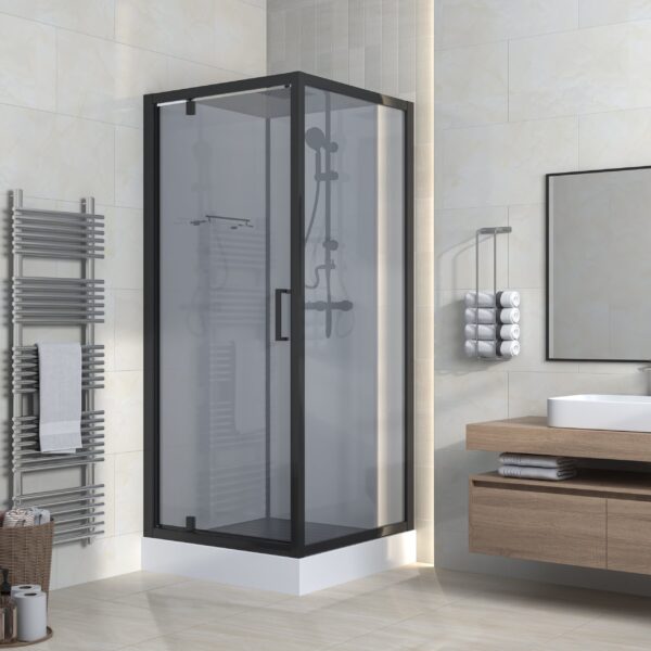 MARANI COMPLETE SHOWER ENCLOSURE WITH SWING DOOR - REVERSIBLE - 90X225X90 CM - MATT BLACK - SMOKED GLASS