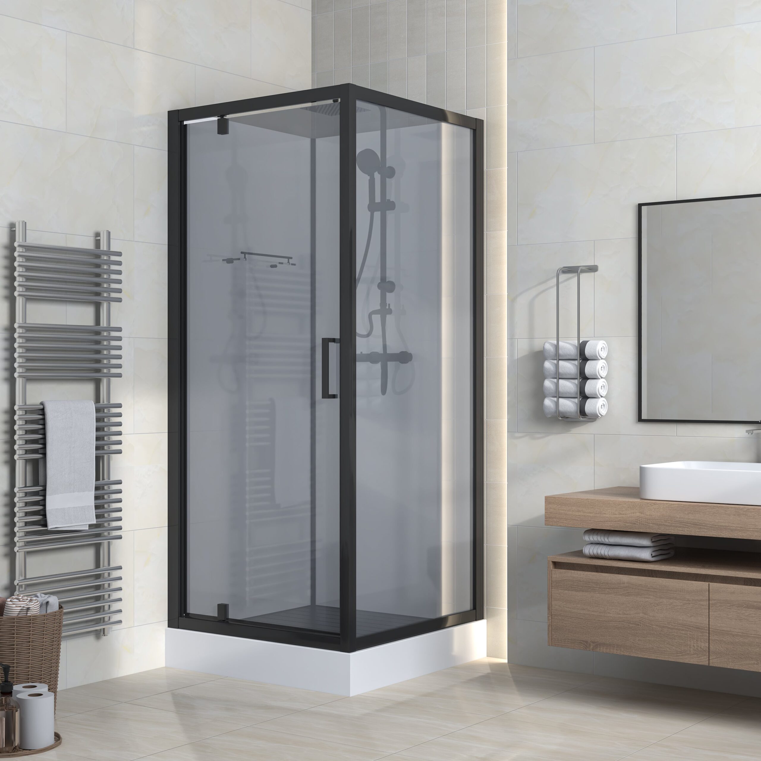 540031955504.jpg MARANI COMPLETE SHOWER ENCLOSURE WITH SWING DOOR - REVERSIBLE - 90X225X90 CM - MATT BLACK - SMOKED GLASS - Image 1