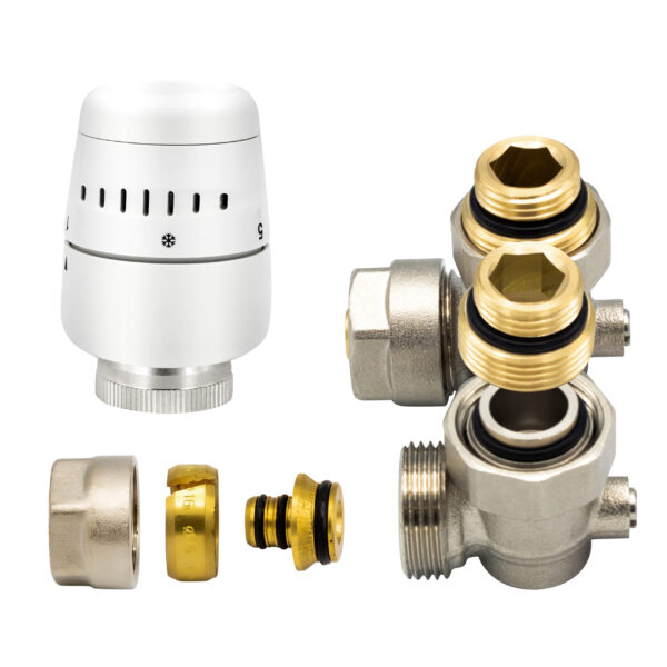 BELRAD H-BLOCK – COMPLETE RADIATOR CONNECTION SET – WITH THERMOSTAT KNOB – ANGLED – WALL CONNECTION - M30 – 1/2MX16/2 – NICKEL/WHITE