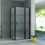 ALONI SHOWER ENCLOSURE WITH PIVOT DOOR AND FIXED PANEL AND SIDE PANEL - WITH ANTI-CALCAIRE TREATMENT - REVERSIBLE - 8MM SAFETY GLASS - 90X120X200 CM - MATT BLACK - CLEAR GLASS WITH BLACK GRID
