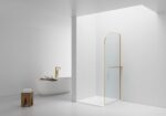 CURVY WALK-IN SHOWER WITH TOWEL RAIL - CURVED - ANTI-LIMESCALE TREATMENT - REVERSIBLE - 8MM SAFETY GLASS - 100X200CM - BRUSHED GOLD - CLEAR GLASS