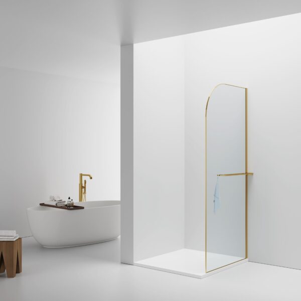 CURVY WALK-IN SHOWER WITH TOWEL RAIL - CURVED - ANTI-LIMESCALE TREATMENT - REVERSIBLE - 8MM SAFETY GLASS - 100X200CM - BRUSHED GOLD - CLEAR GLASS