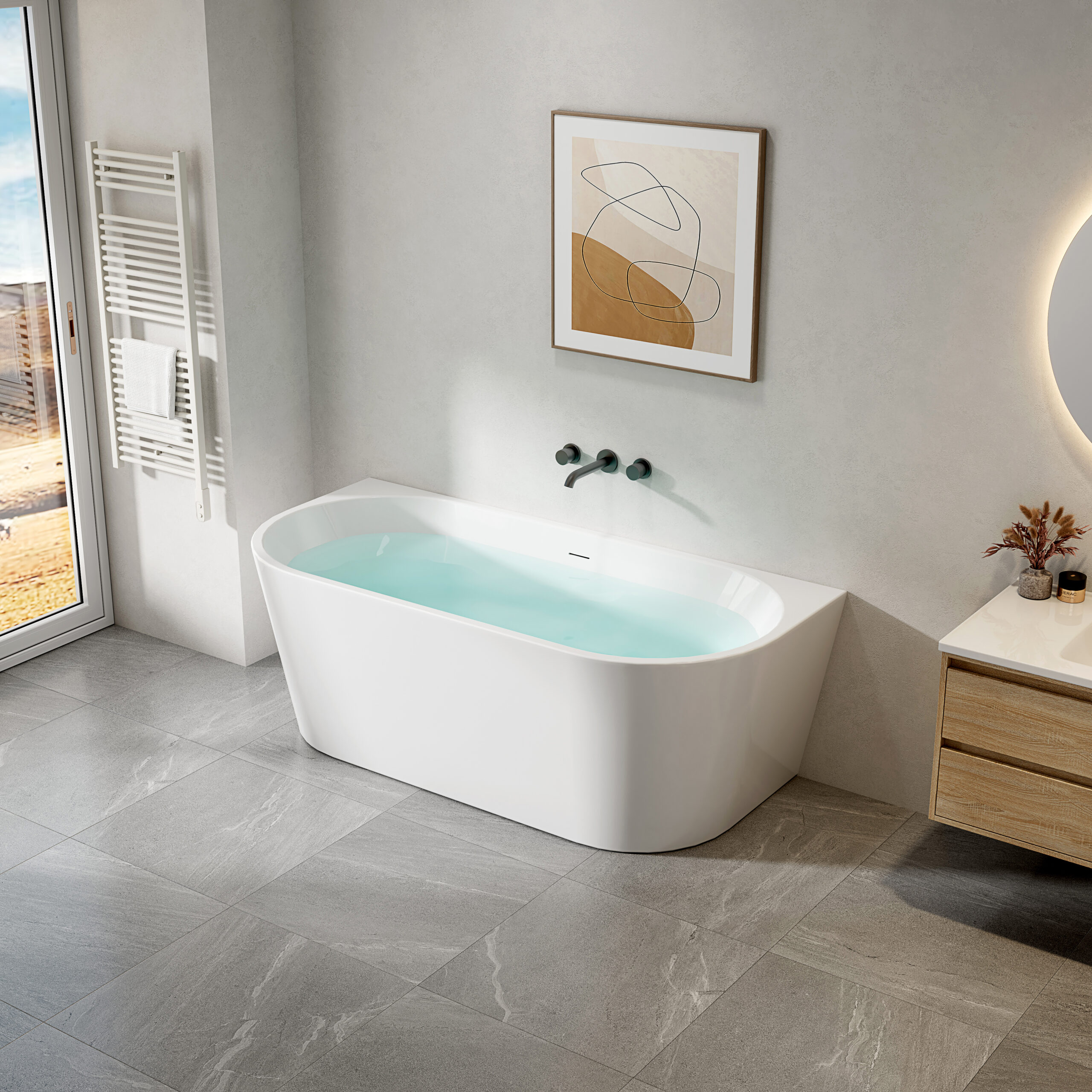 FB550020-20ambient.jpg ALONI BACK TO WALL BATHTUB - WITH DRAINER SET AND CLICK WASTE - ACRYLIC - 170X78X58 CM - GLOSSY WHITE - Image 1