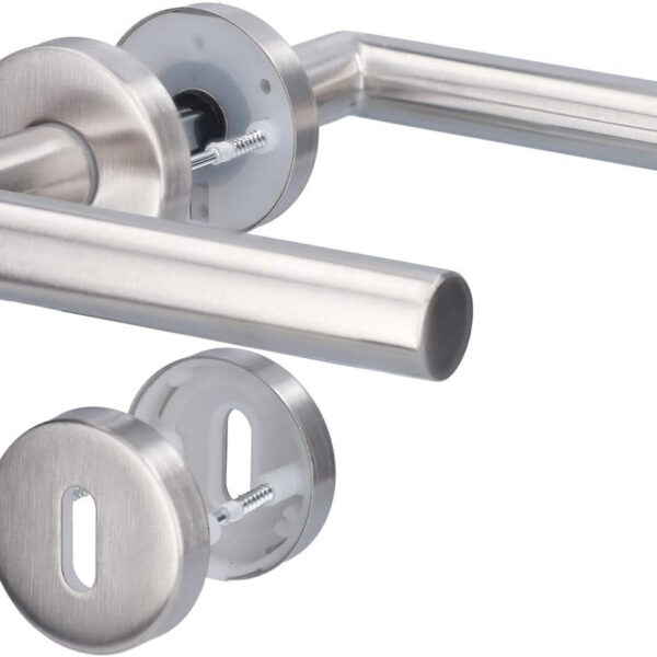 ANGULAR DOOR HANDLE WITH ROSETTE |STAINLESS STEEL, SILVER COLORED