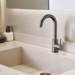 STRIA BASIN MIXER – CURVED SWIVEL SPOUT – COLD START – REFINED RIBBED HANDLE – WITHOUT WASTE – GUNMETAL - Image 2