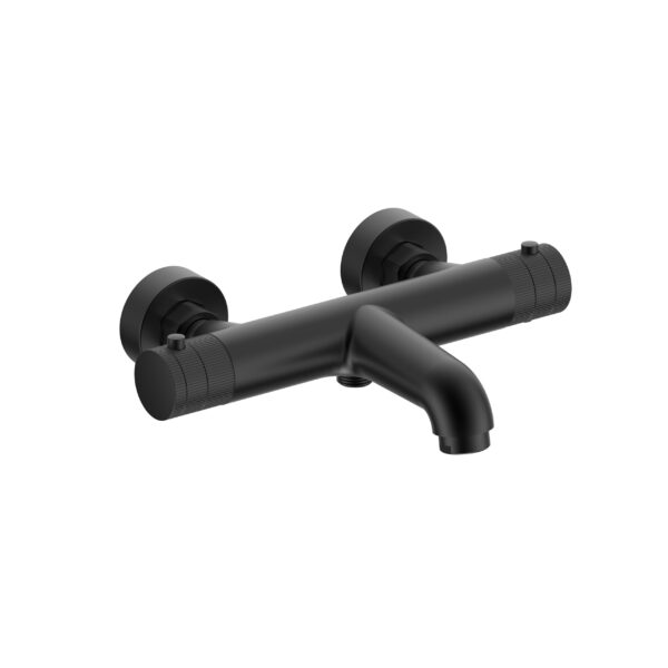 STRIA BATH MIXER – THERMOSTATIC – WALL-MOUNT – REFINED RIBBED HANDLES – MATT BLACK (PVD)