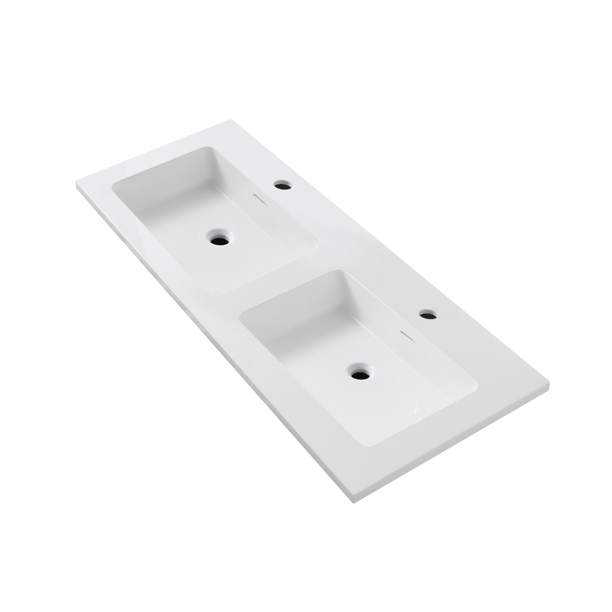 WD120.01.jpg WONDA SQUARE SLIM WASHBASIN - 2 BASINS - WITH OVERFLOW - 2 TAP HOLES - POLYRESIN - 120X1,6X52,5 CM - MATT WHITE - Image 1