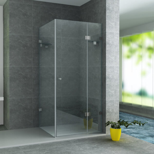 ALONI SHOWER ENCLOSURE WITH PIVOT DOOR, FIXED PANEL AND SIDE PANEL - WITH ANTI-CALCAIRE TREATMENT - REVERSIBLE - 8MM SAFETY GLASS - 90X90X195 CM - CHROME - CLEAR GLASS