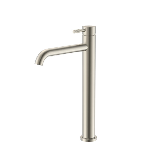 STRIA BASIN MIXER – HIGH RISE – COLD START – REFINED RIBBED HANDLE – WITHOUT WASTE – BRUSHED STAINLESS STEEL