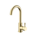 STRIA BASIN MIXER – CURVED SWIVEL SPOUT – COLD START – REFINED RIBBED HANDLE – WITHOUT WASTE – BRUSHED GOLD