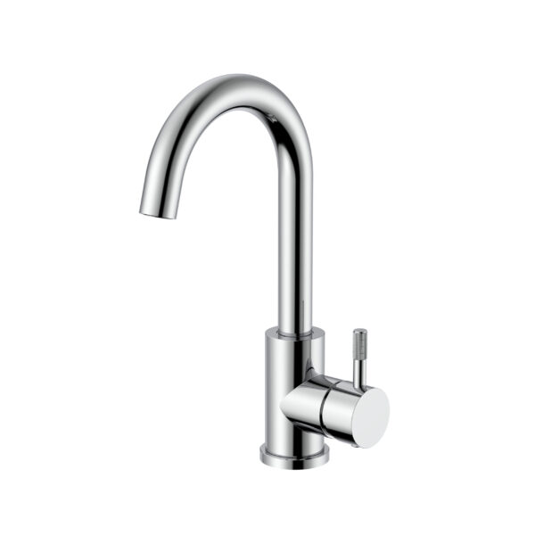 STRIA BASIN MIXER – CURVED SWIVEL SPOUT – COLD START – REFINED RIBBED HANDLE – WITHOUT WASTE – CHROME
