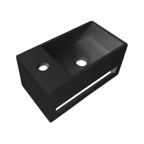 LAVABO SOLID SURFACE AVEC PORTE-SERVIETTES ET TROU POUR ROBINET GAUCHE (35,8X20,5X15,7CM) - NOIR