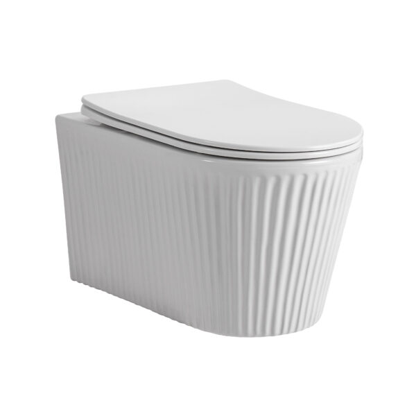 MUFFLY WALL-HUNG TOILET WITH FLUTED STRUCTURE – RIMLESS – TORNADO FLUSH – WITH SEAT – DUROPLAST – SOFT CLOSE – QUICK RELEASE – Céramique – 36.5X52X34.6 CM – Blanc brillant