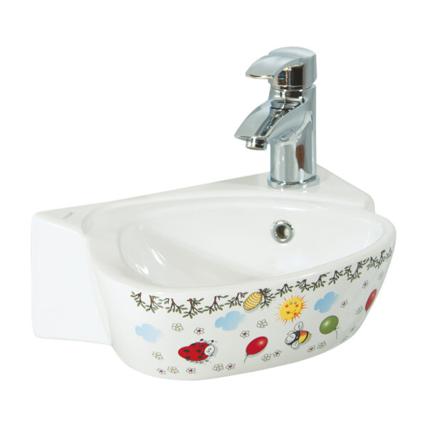 FONTAINE D'ANGLE CREAVIT KIDS - AVEC RÉDUCTEUR - 1 TROU DE ROBINETERIE - 38X30X12 CM - BLANC BRILLANT/MULTI
