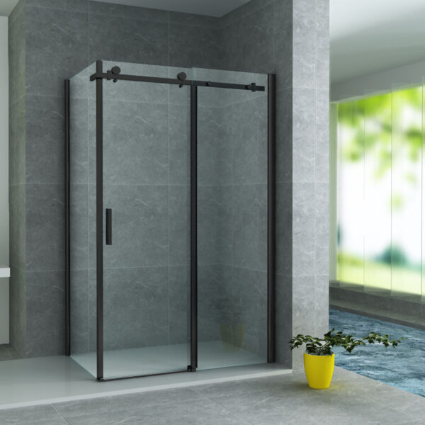 CABINE DE DOUCHE ALONI AVEC PORTE COULISSANTE ET PANNEAU LATÉRAL - AVEC TRAITEMENT ANTI-CALCAIRE - RÉVERSIBLE - VERRE DE SÉCURITÉ 8MM - 90X120X195 CM - NOIR MAT - VERRE CLAIR