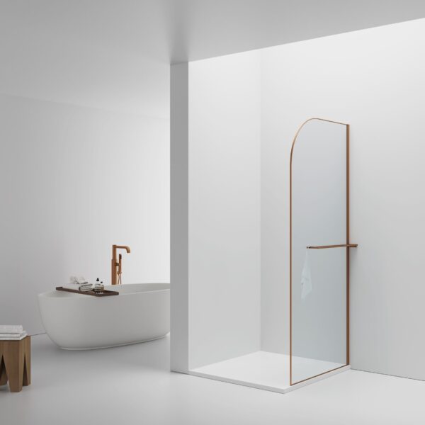 CURVY INLOOPDOUCHE MET HANDDOEKHOUDER - GEBOGEN - MET ANTI-KALKBEHANDELING - OMKEERBAAR - 8MM VEILIGHEIDSGLAS - 100X200CM - GEBORSTELD KOPER - GEBOGEN - HELDER GLAS