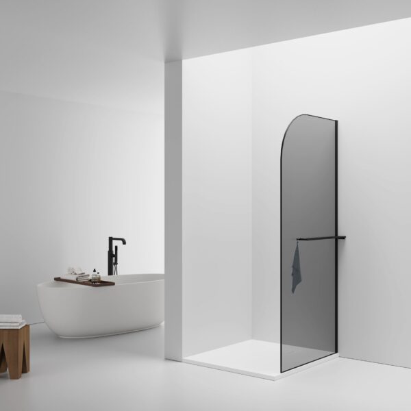 CURVY INLOOPDOUCHE MET HANDDOEKHOUDER - GEBOGEN - MET ANTI-KALKBEHANDELING - OMKEERBAAR - 8MM VEILIGHEIDSGLAS - 100X200CM - MAT ZWART - GRIJS GEROOKT GLAS