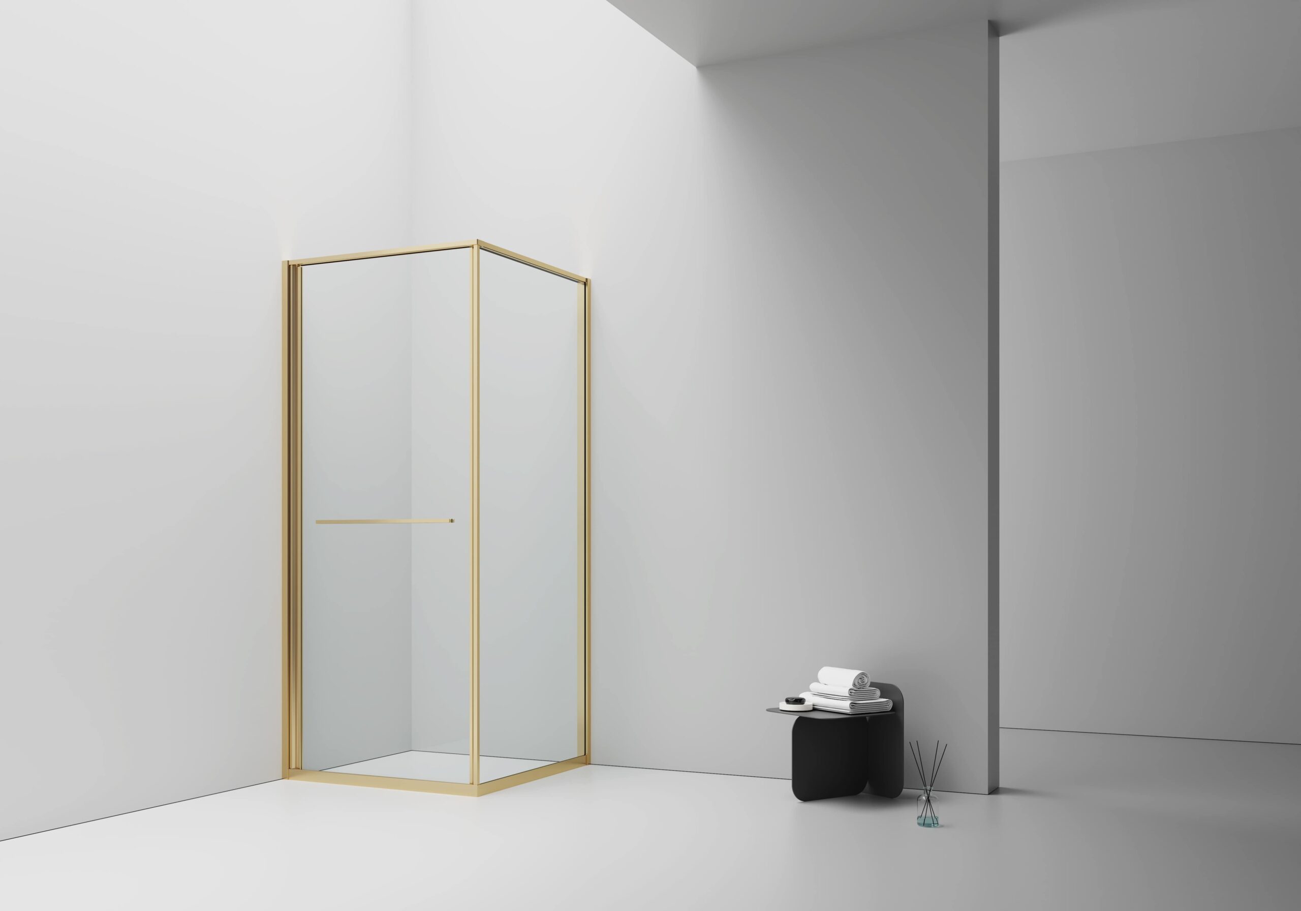 CABINE DE DOUCHE INSLIDE - PORTE COULISSANTE ET PANNEAU LATÉRAL OUVRANT VERS L'INTÉRIEUR - GAIN D'ESPACE - RÉVERSIBLE - VERRE DE SÉCURITÉ 6MM - 90X90X200 CM - OR BROSSÉ - VERRE CLAIR