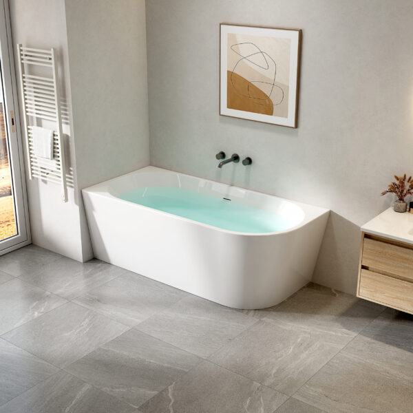 BAIGNOIRE D'ANGLE ALONI - GAUCHE - AVEC VIDANGE ET VIDAGE À CLIC - ACRYLIQUE - 170X78X58 CM - BLANC BRILLANT