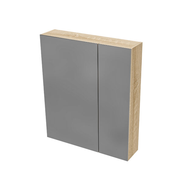 HAYAT SPIEGELKAST - 2 ASYMMETRISCHE, ENKELZIJDIGE SPIEGELDEUREN - 4 IN HOOGTE VERSTELBARE PLANKEN - 60X70X15CM - EIKEN