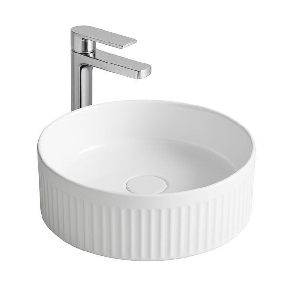 ALONI MUFFLY WASHBASIN WITH FLUTED STRUCTURE – COUNTERTOP – WITHOUT OVERFLOW – WITHOUT TAP HOLE – CERAMIC – 37X13X37 CM – GLOSSY WHITE