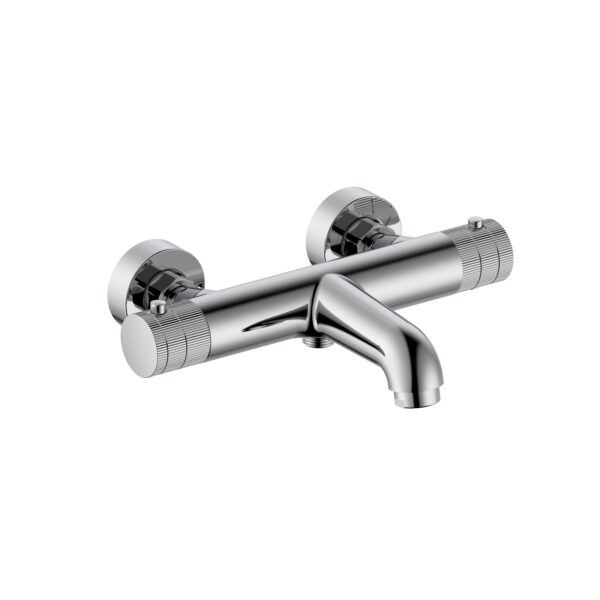STRIA BATH MIXER – THERMOSTATIC – WALL-MOUNT – REFINED RIBBED HANDLES – CHROME