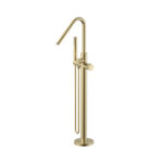 STRIA BATH MIXER – FREESTANDING – THERMOSTATIC – WITH HAND SHOWER AND HOSE – REFINED RIBBED HANDLES – BRUSHED GOLD (PVD)