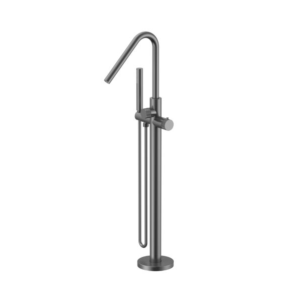 STRIA BATH MIXER – FREESTANDING – THERMOSTATIC – WITH HAND SHOWER AND HOSE – REFINED RIBBED HANDLES – GUNMETAL (PVD)