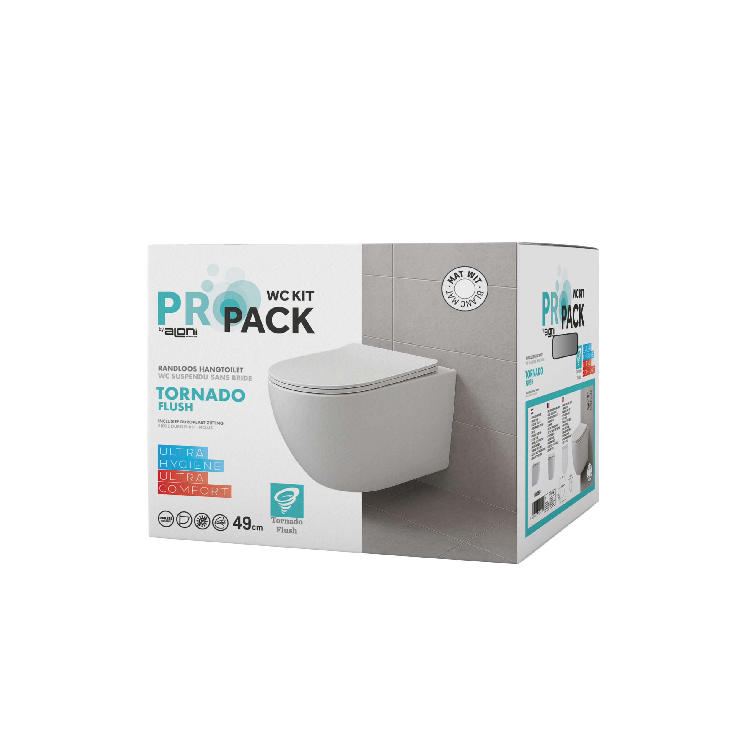 PRO182520box-5.png ALONI PRO WALL-HUNG TOILET – TORNADO FLUSH – RIMLESS – WITH SEAT – DUROPLAST – SOFT CLOSE – QUICK RELEASE – COMPACT 49 cm – 36X32X49 cm – MAT WIT - Afbeelding 1