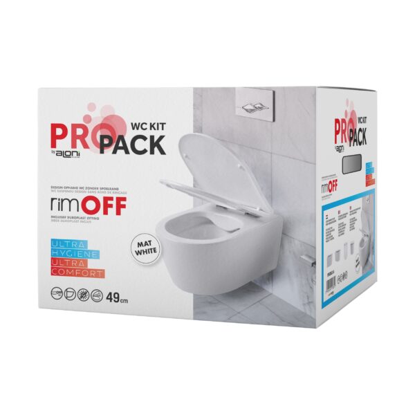 ALONI PRO WALL-HUNG TOILET - RIMLESS - WITH SEAT - DUROPLAST - SOFTCLOSE - QUICK RELEASE - COMPACT 49 CM - 36X25X49 CM - MATT WHITE