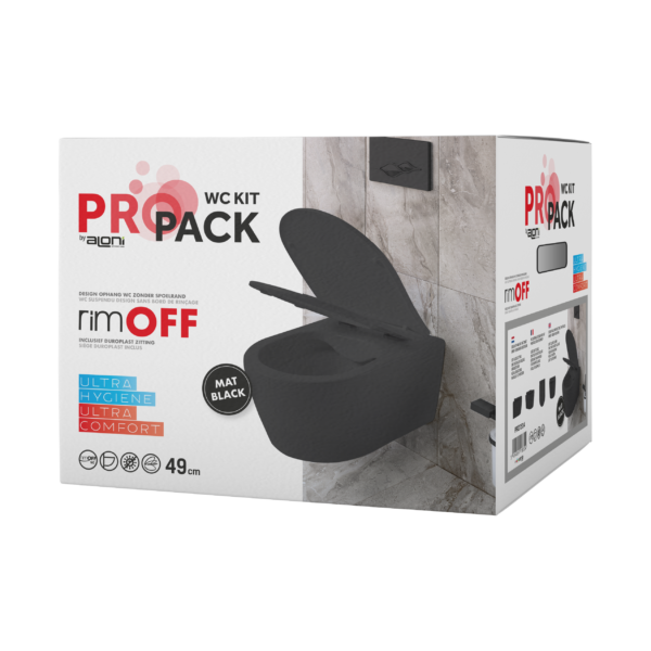 ALONI PRO WALL-HUNG TOILET - RIMLESS - WITH SEAT - DUROPLAST - SOFTCLOSE - QUICK RELEASE - COMPACT 49 CM - 36X25X49 CM - MATT BLACK