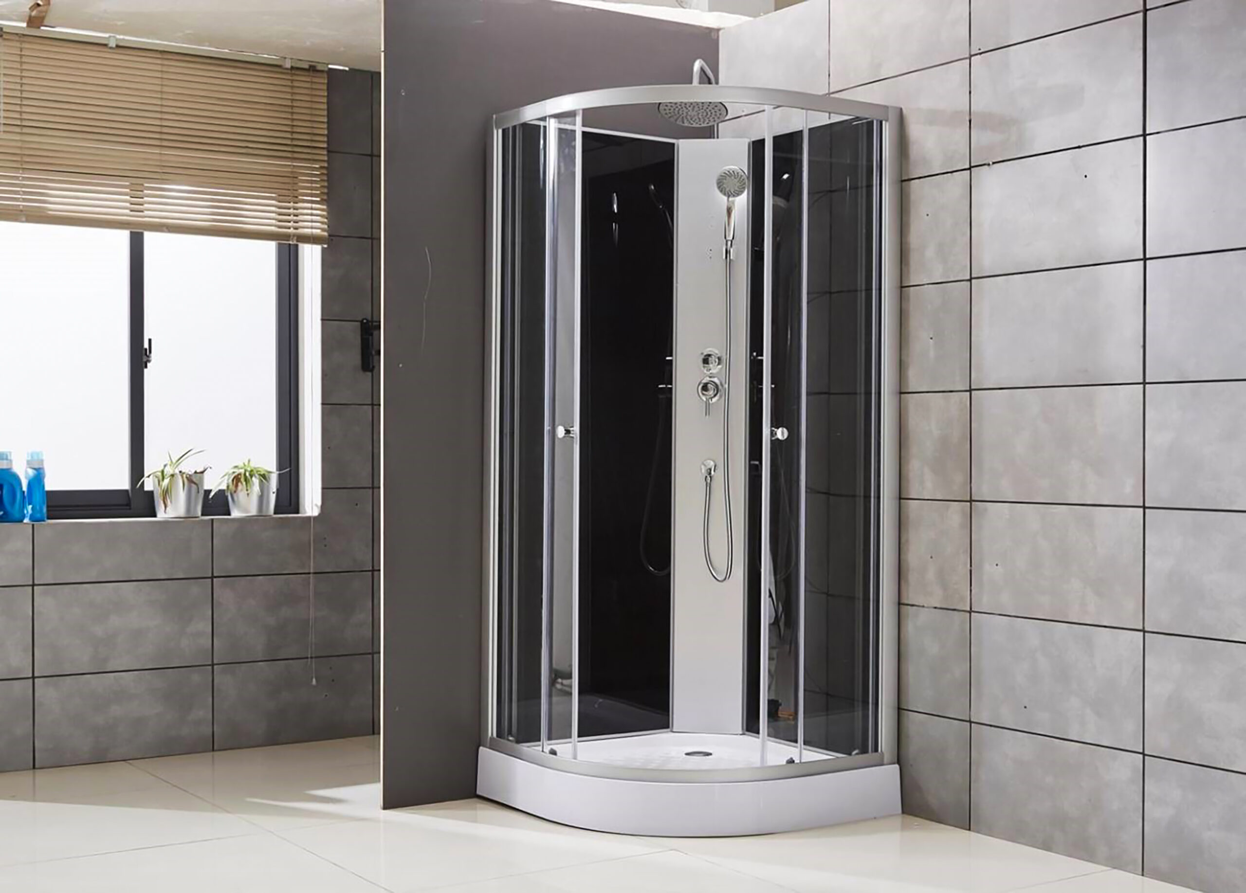 CABINE DE DOUCHE QUADRANT COMPLÈTE ALONI - AVEC DOUCHE PLUIE - 90X220X90 CM - Chrome MAT - PANNEAUX ARRIÈRE EN VERRE NOIR - PORTES COULISSANTES EN VERRE CLAIR