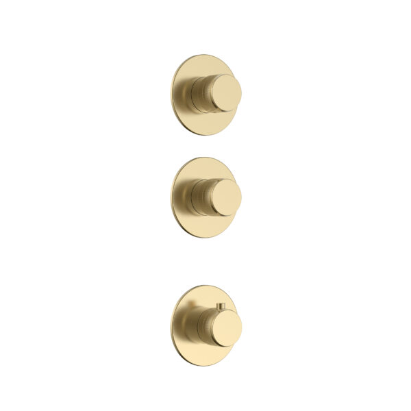 STRIA TRIM SET FOR SHOWER MIXER – 2-WAY WITH 2 STOP VALVES – THERMOSTATIC – BUILT-IN – ROUND – REFINED RIBBED HANDLES – BRUSHED GOLD
